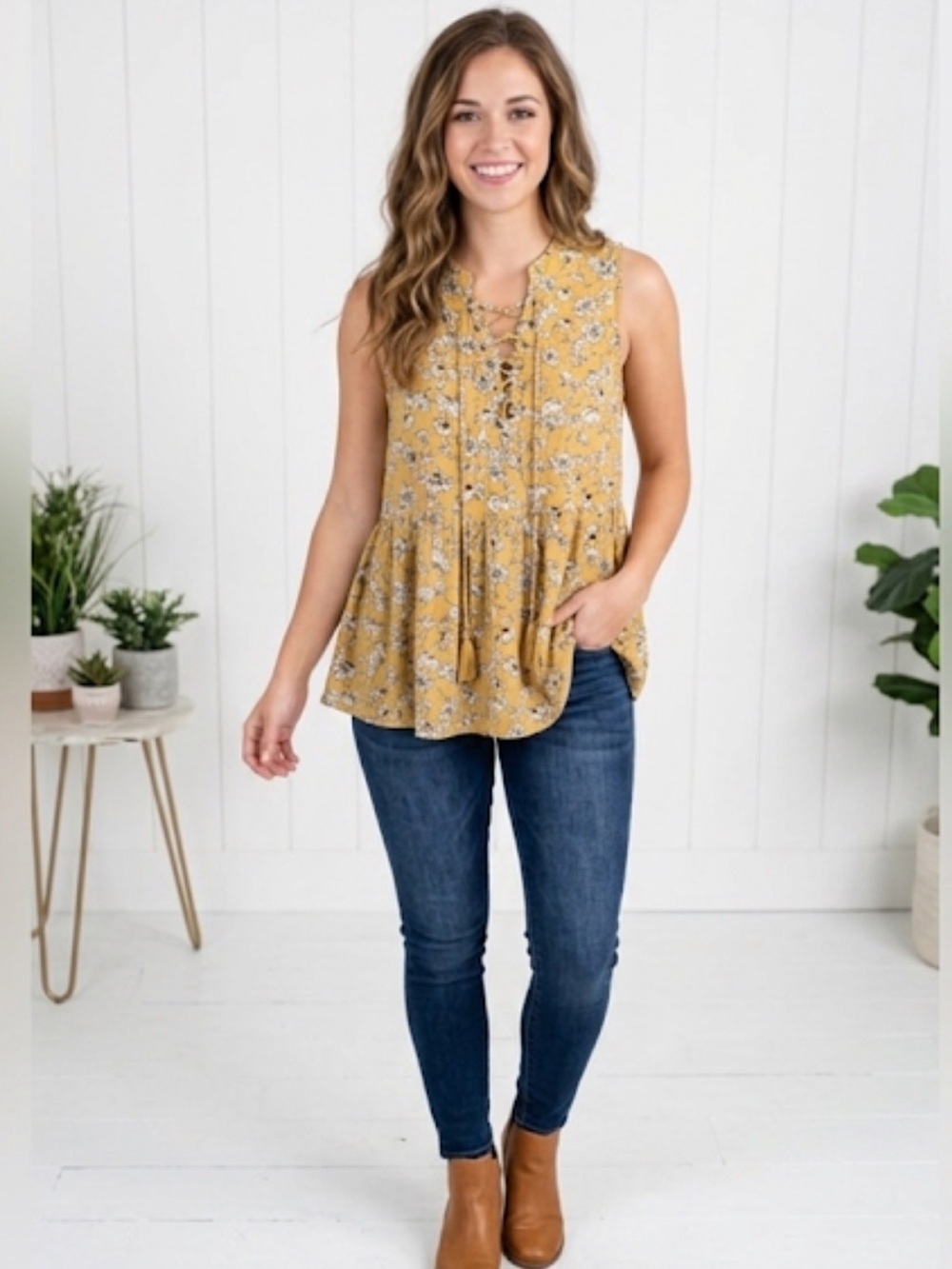 Entro Mustard Floral Sleeveless Blouse